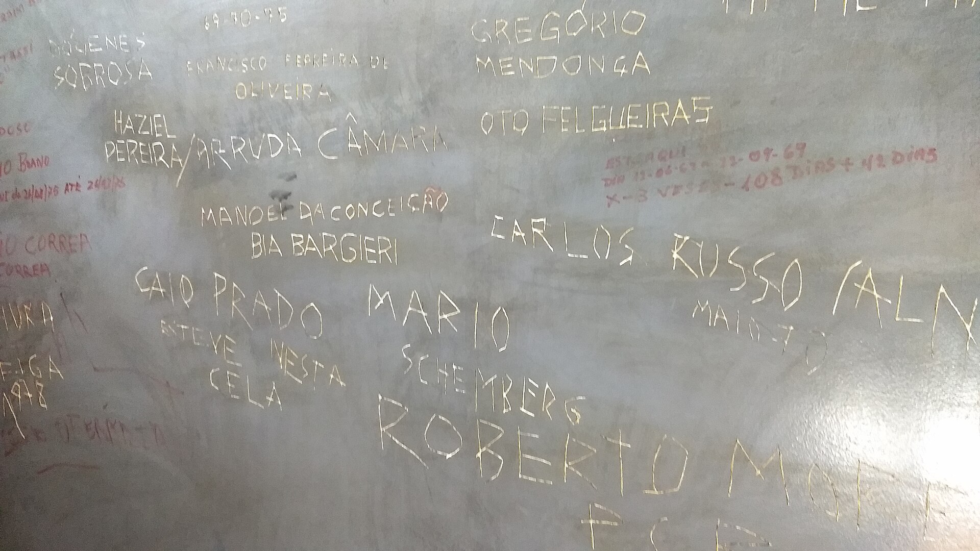 Names scratched into a grey cell wall, including Gregório Mendonça, Carlos Russo and Roberto, with red pen marks above