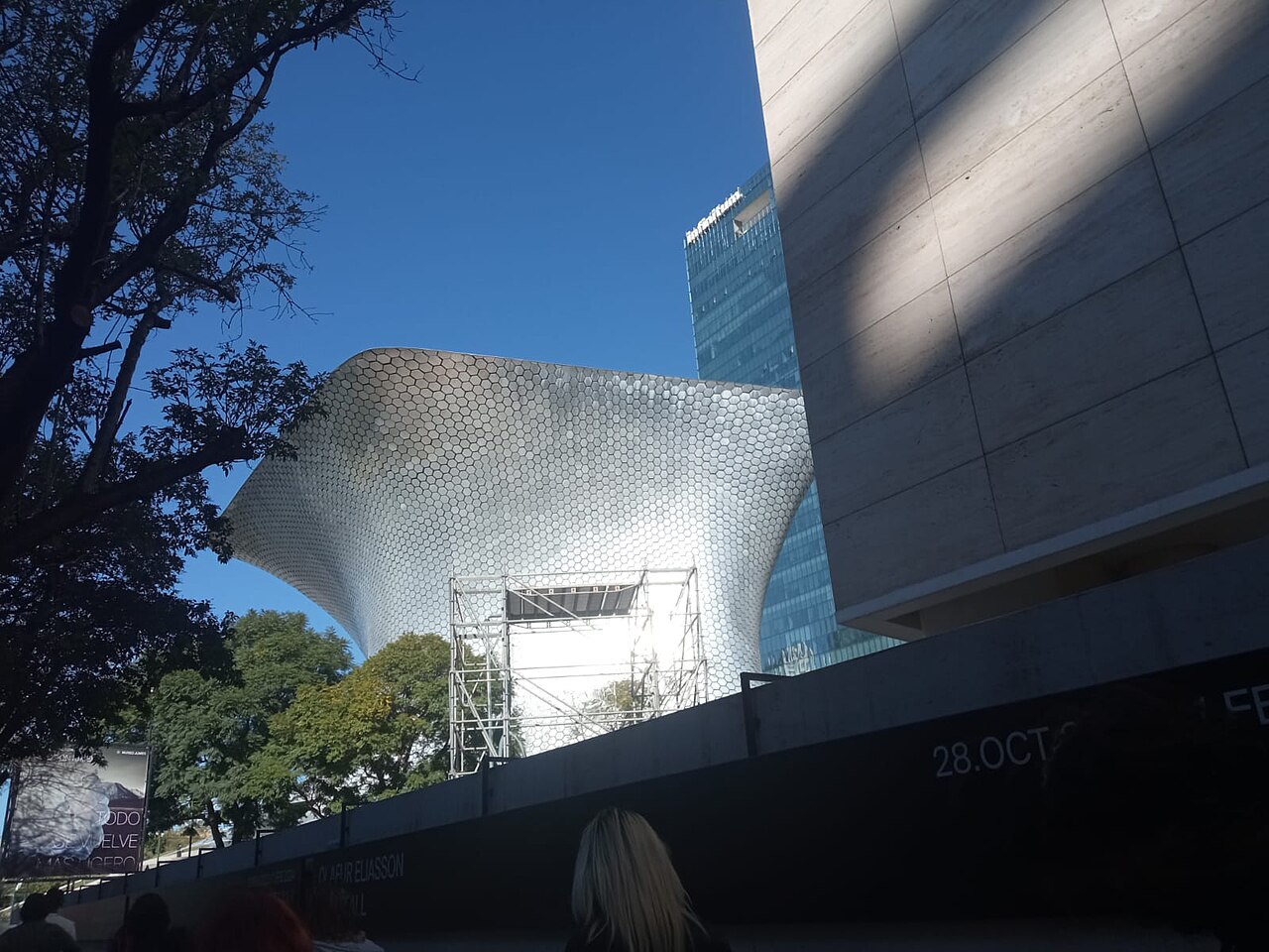 The silver hexagon-tiled Museo Soumaya seen beside the Museo Jumex in Mexico City.