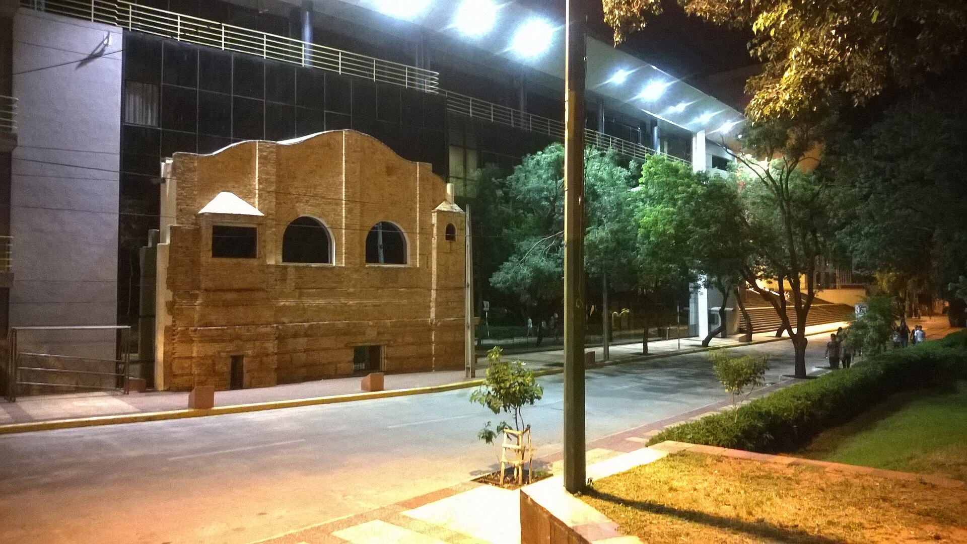 A historic brick facade in front of the modern glass Congress building in Asunción at night, with trees and a lit street