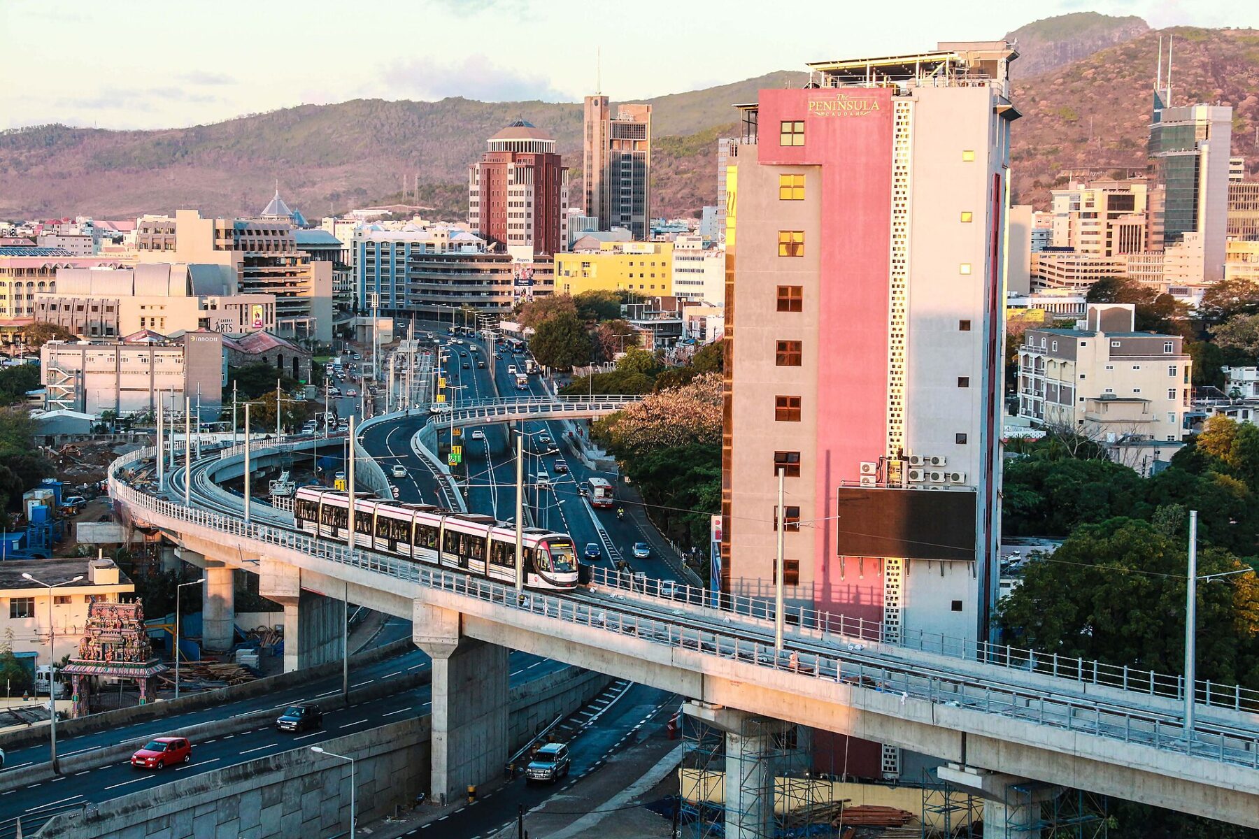 City centre of Port Louis, Mauritius, with the Metro Express light rail viaduct and office towers