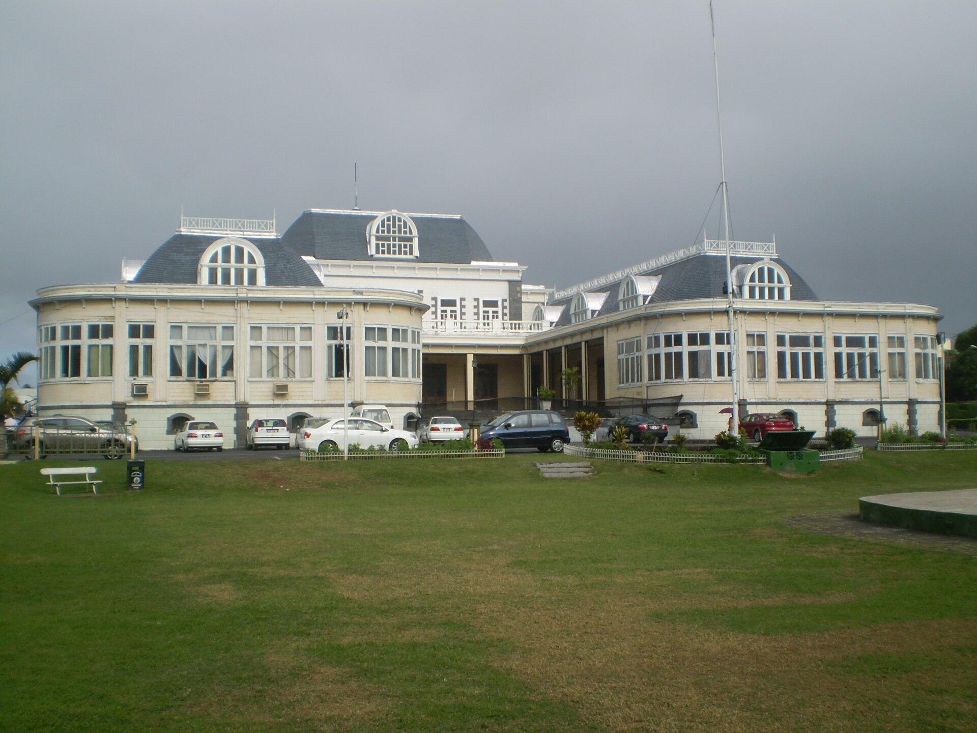 The Plaza, a historic civic building in Beau-Bassin-Rose Hill, Mauritius, with lawn in front