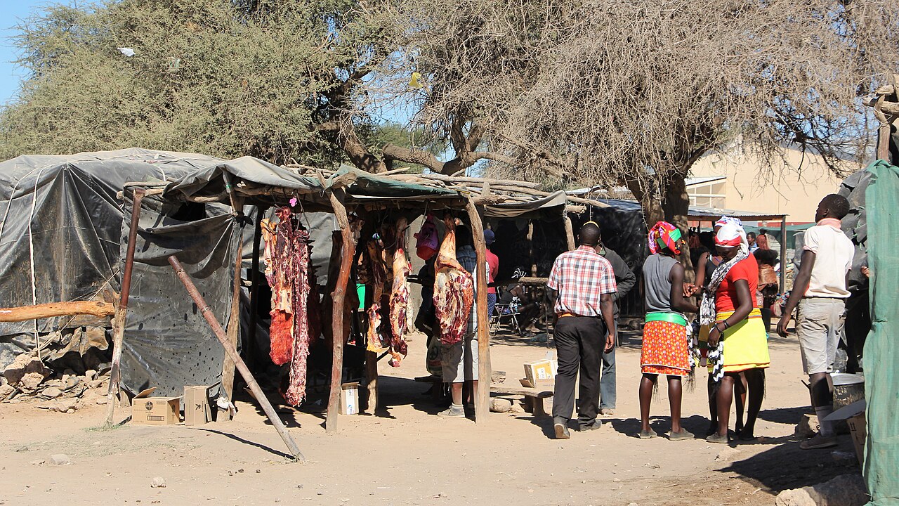 Meat hanging in open-air stalls under trees at a market in Opuwo, with shoppers standing nearby