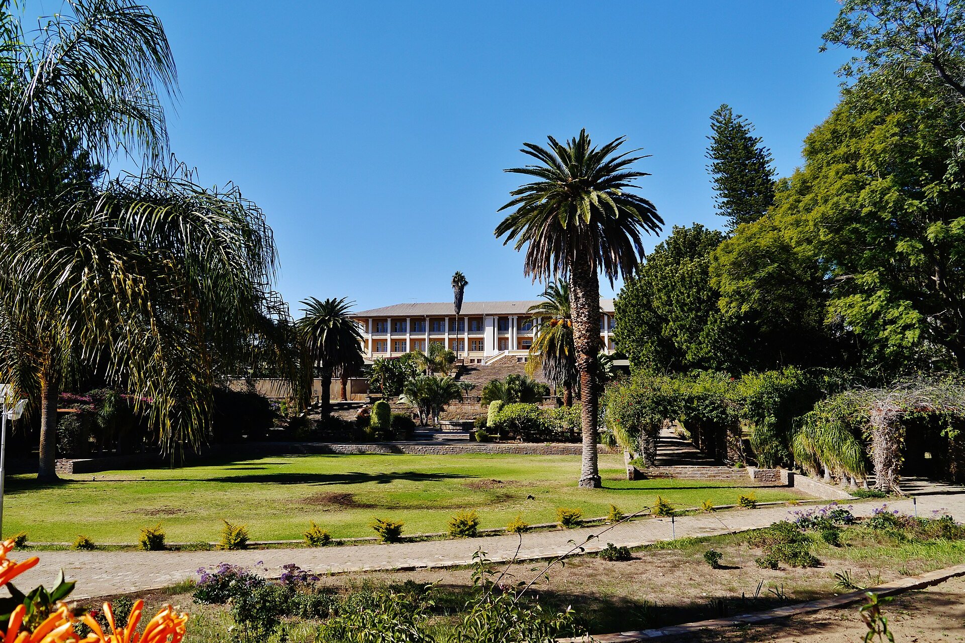 The Tintenpalast, the seat of Namibia's Parliament, seen across the green lawns of the Parliament Gardens in Windhoek