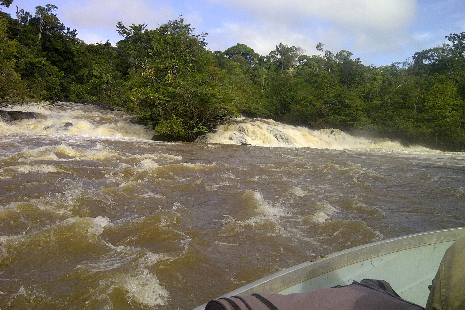 Brown river rapids in the Alto Orinoco area of Venezuela's Amazonas state, seen from a boat, with dense green rainforest on the far bank
