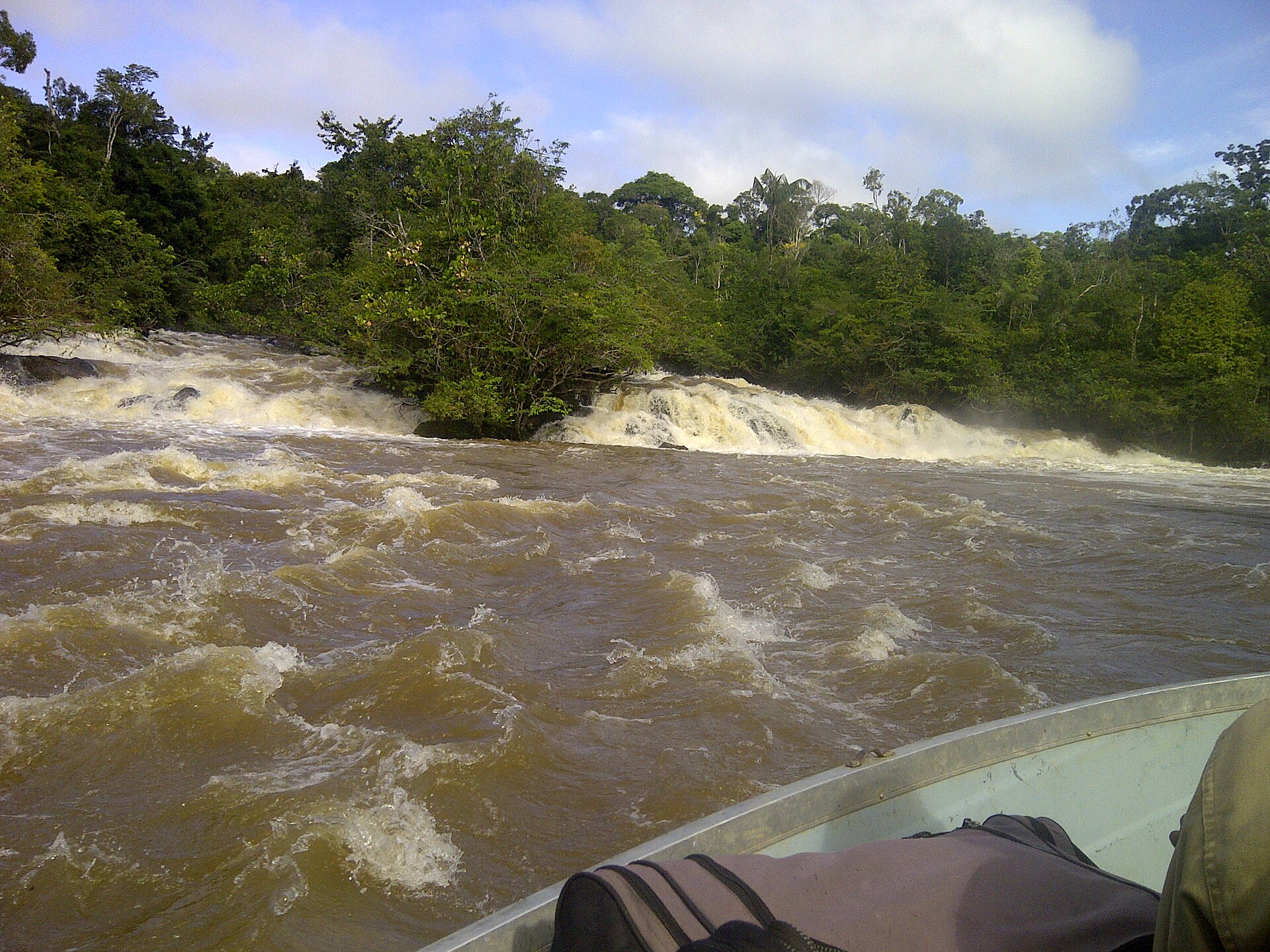 Brown river rapids in the Alto Orinoco area of Venezuela's Amazonas state, seen from a boat, with dense green rainforest on the far bank
