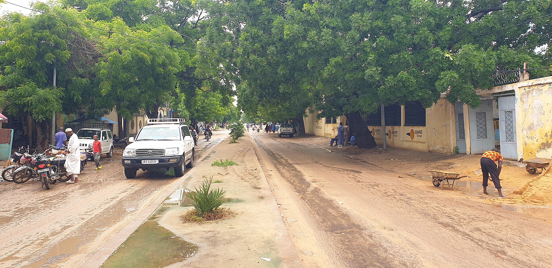 A tree-lined street in N'Djamena, Chad, after rain, with cars and motorbikes