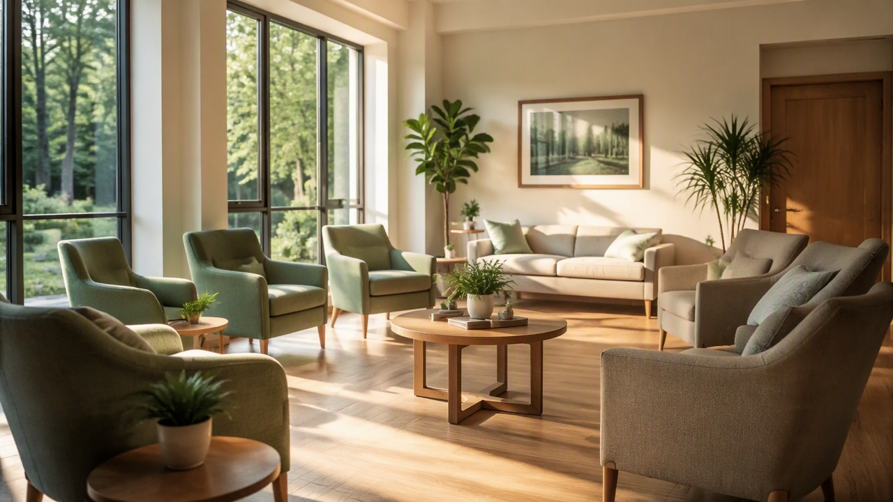 A calm, light-filled lounge in a modern rehabilitation centre
