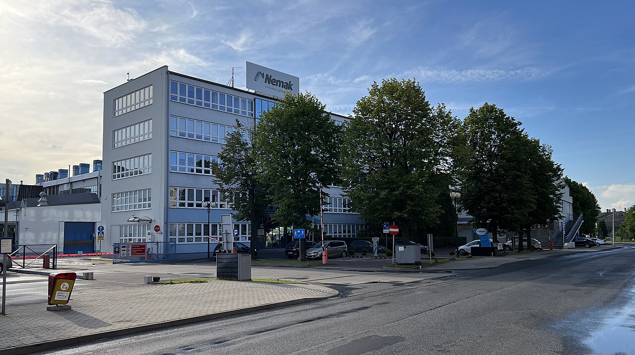 Nemak building with company sign above the entrance in Bielsko-Biała, Poland