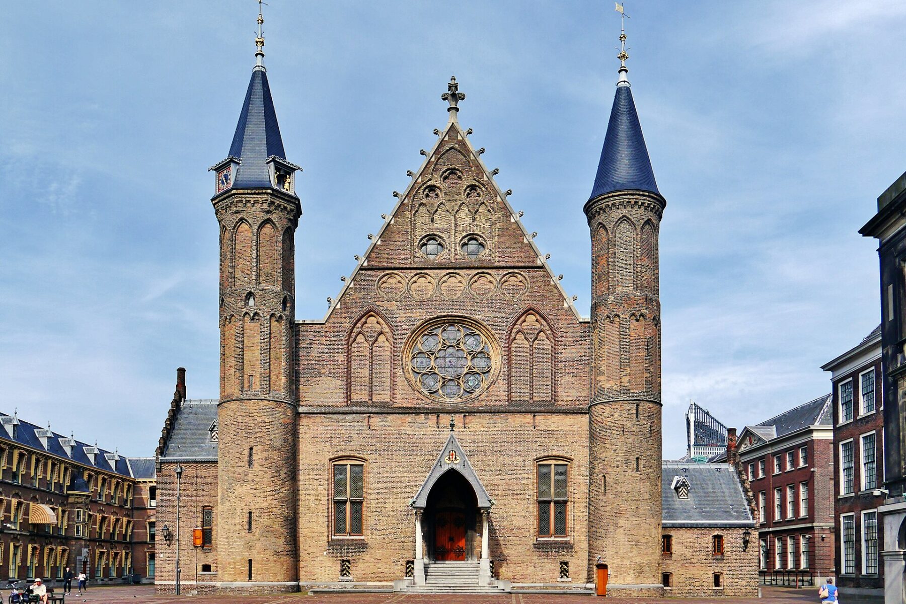 The Ridderzaal, the Hall of Knights, a brick Gothic building with two towers at the Binnenhof in The Hague