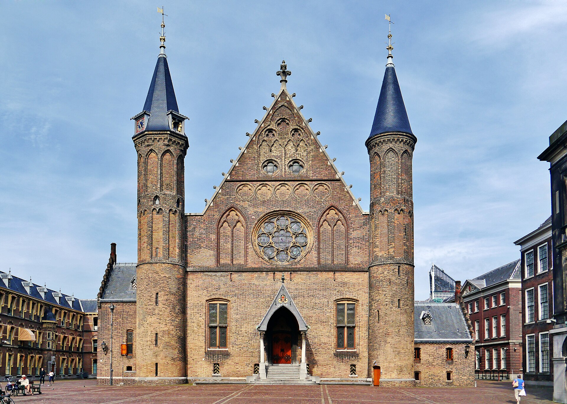 The Ridderzaal, the Hall of Knights, a brick Gothic building with two towers at the Binnenhof in The Hague