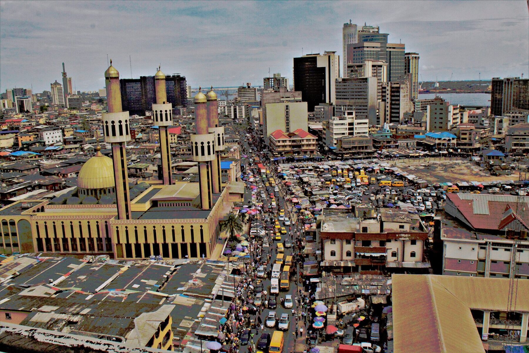 Central Lagos seen from above, with Lagos Central Mosque and the Island skyline
