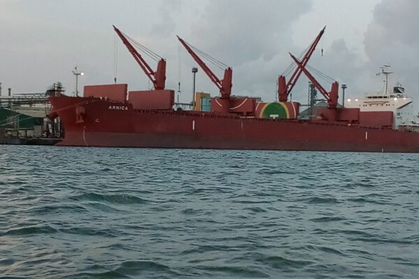 A red bulk carrier with three deck cranes moored at a quay in the Apapa port complex, Lagos, Nigeria