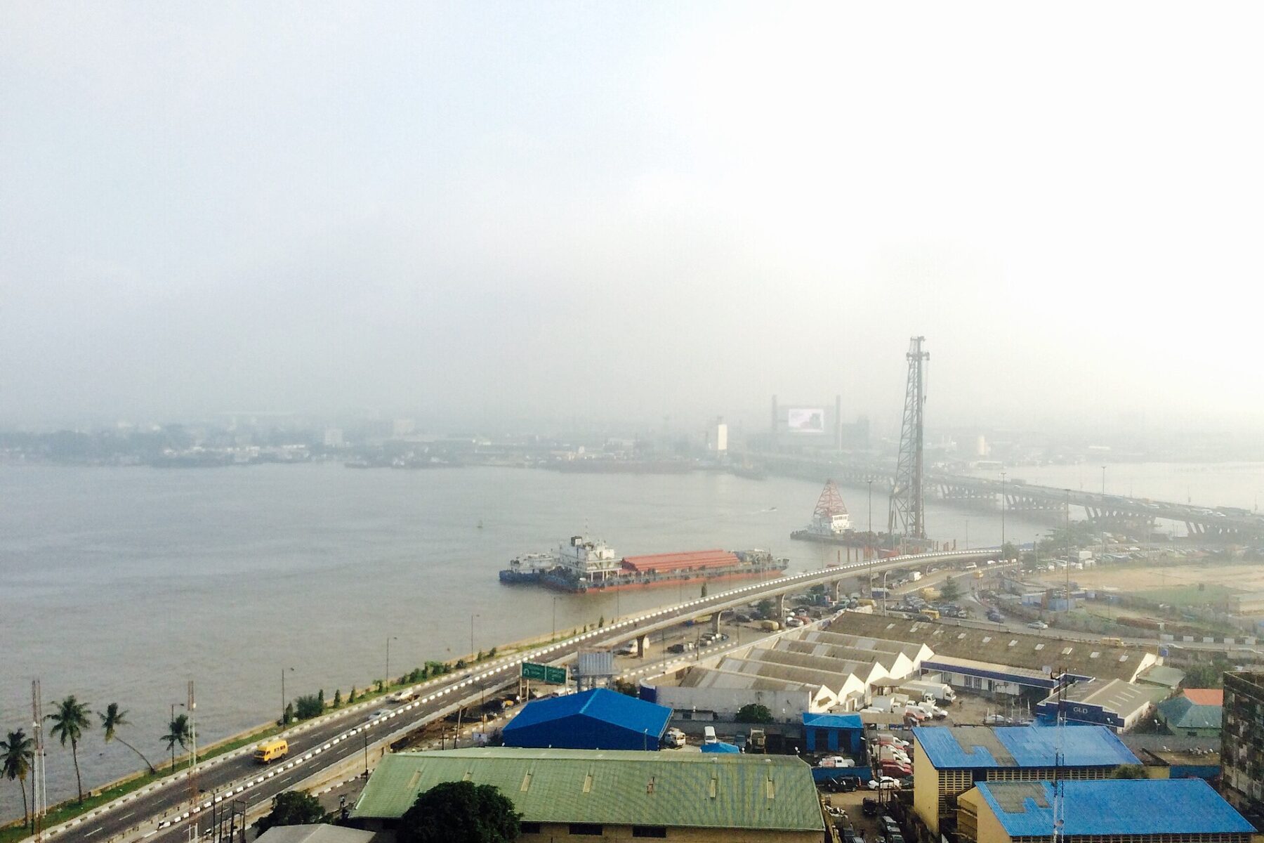 The Lagos Marina waterfront and lagoon seen from above on Lagos Island, Nigeria