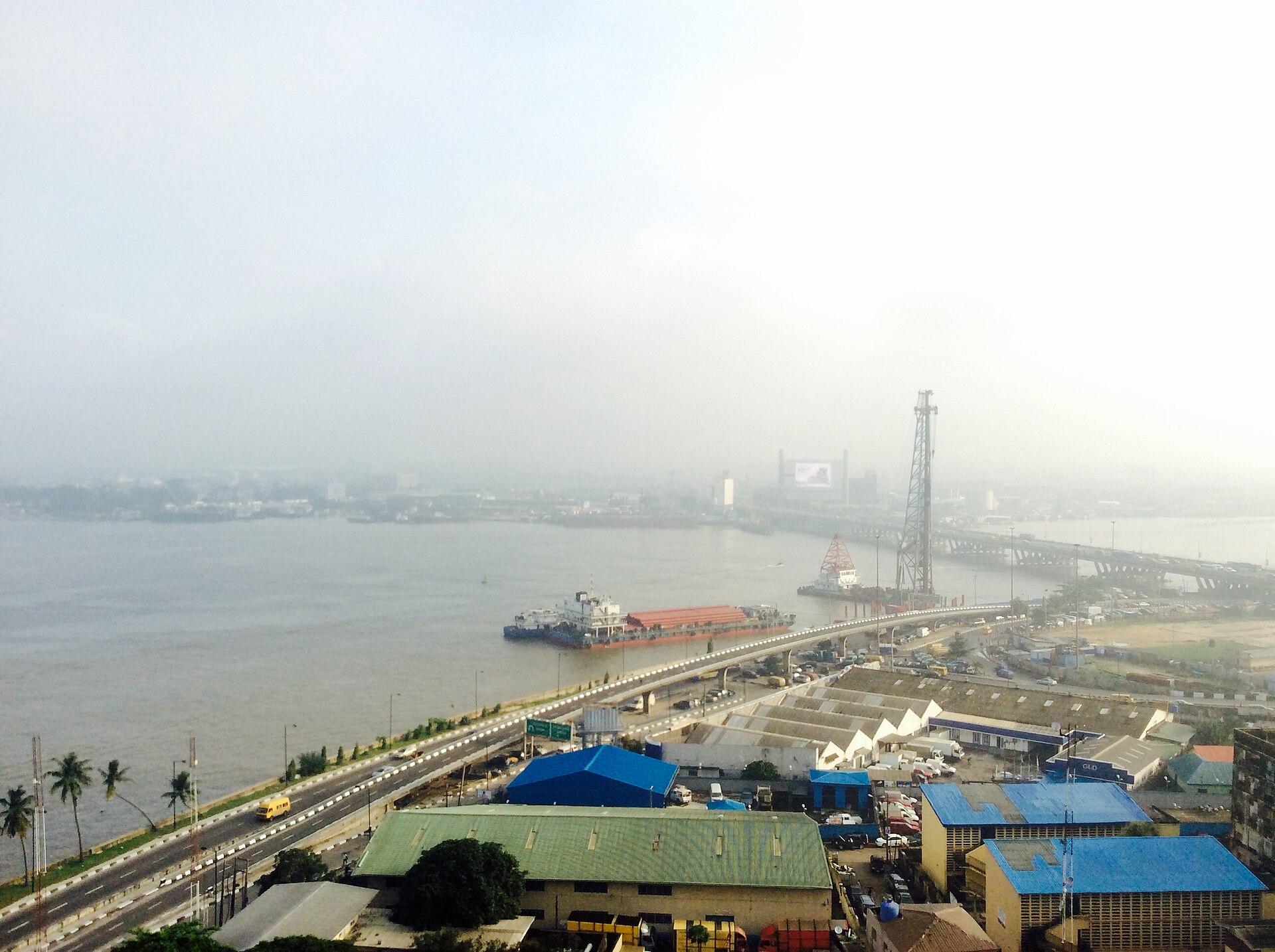 The Lagos Marina waterfront and lagoon seen from above on Lagos Island, Nigeria