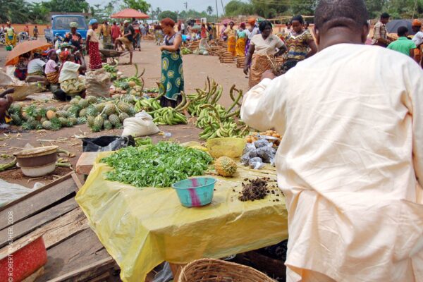 Traders and shoppers at an open-air food market in Abavo, Delta State, Nigeria, with plantains, pineapples and leafy greens on tarpaulins
