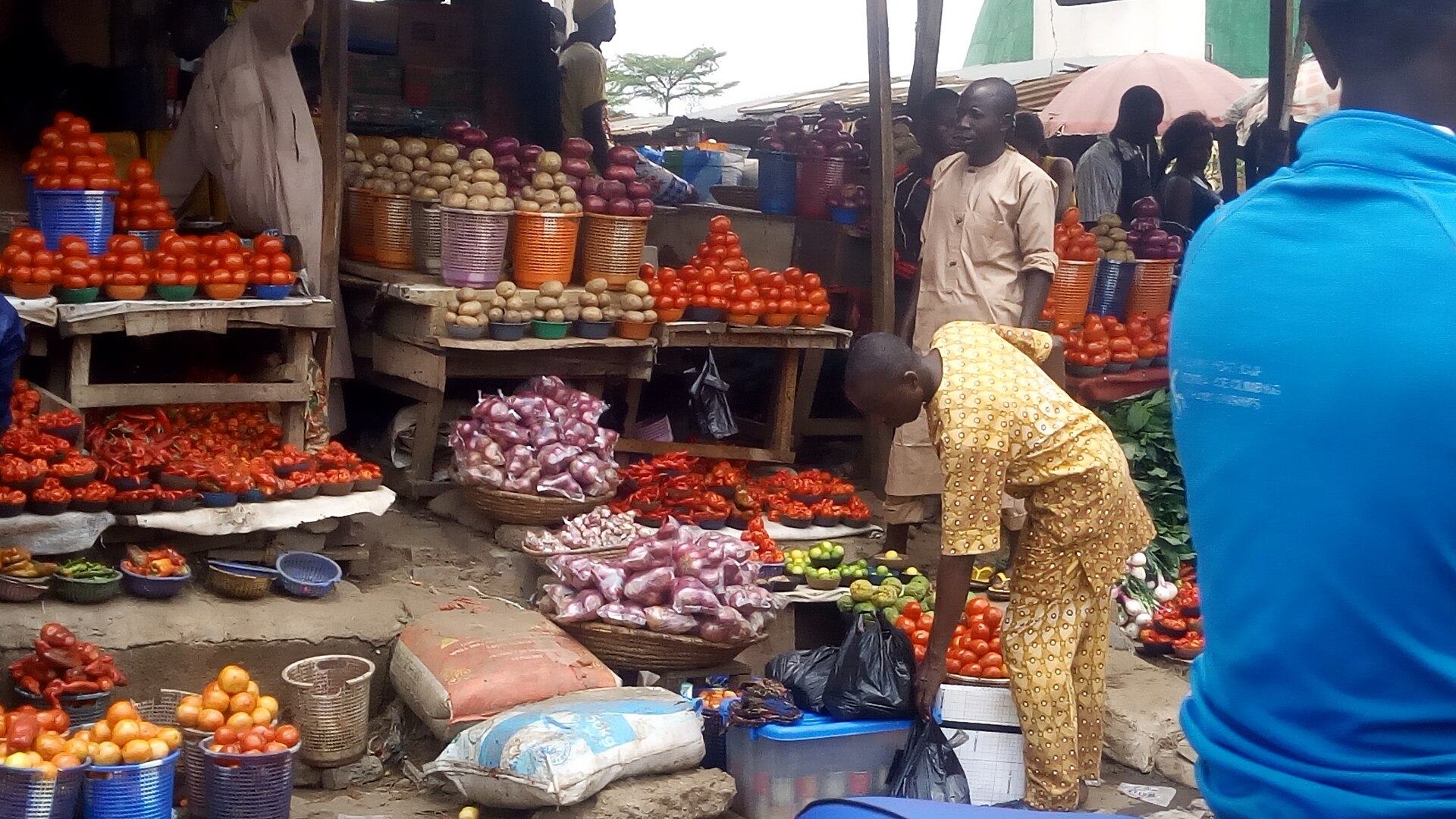 Tomatoes, onions, potatoes and peppers piled in baskets at the vegetable section of Maraba Market in Nasarawa State, Nigeria