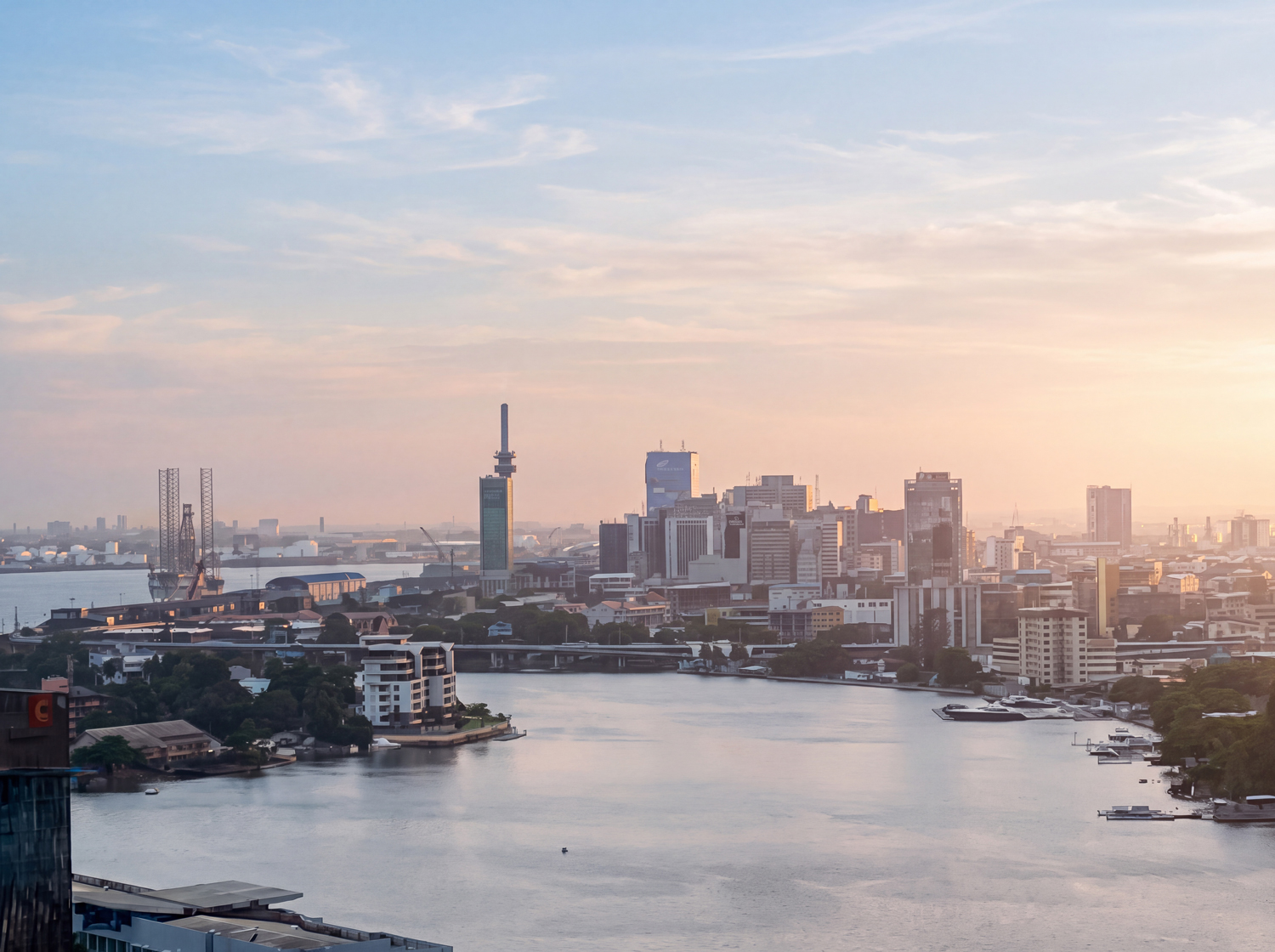 Lagos skyline and lagoon at dawn, seen from the city centre in Nigeria