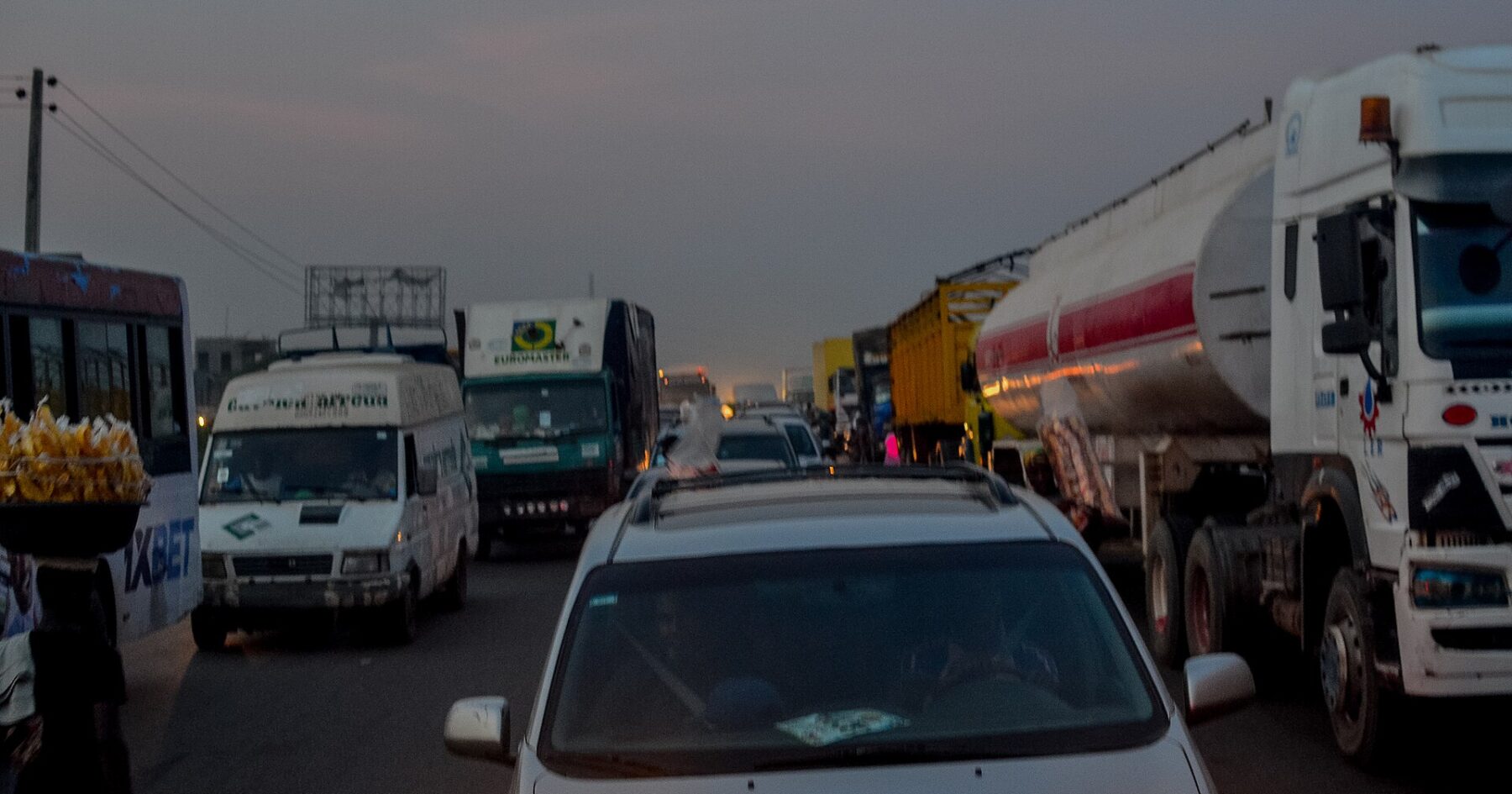 A fuel tanker among heavy traffic on the Lagos-Ibadan Expressway in Nigeria
