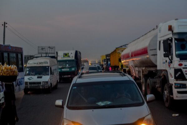 A fuel tanker among heavy traffic on the Lagos-Ibadan Expressway in Nigeria
