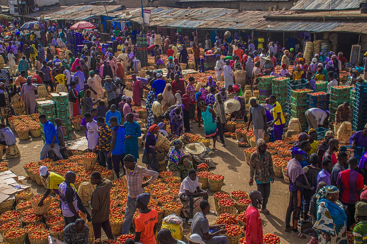 Crowded open-air tomato market with traders and buyers among baskets and crates of tomatoes
