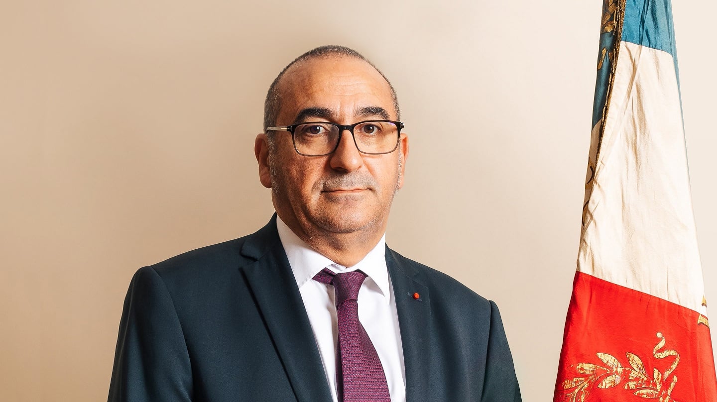Laurent Nuñez, France’s interior minister, official portrait in front of the French flag