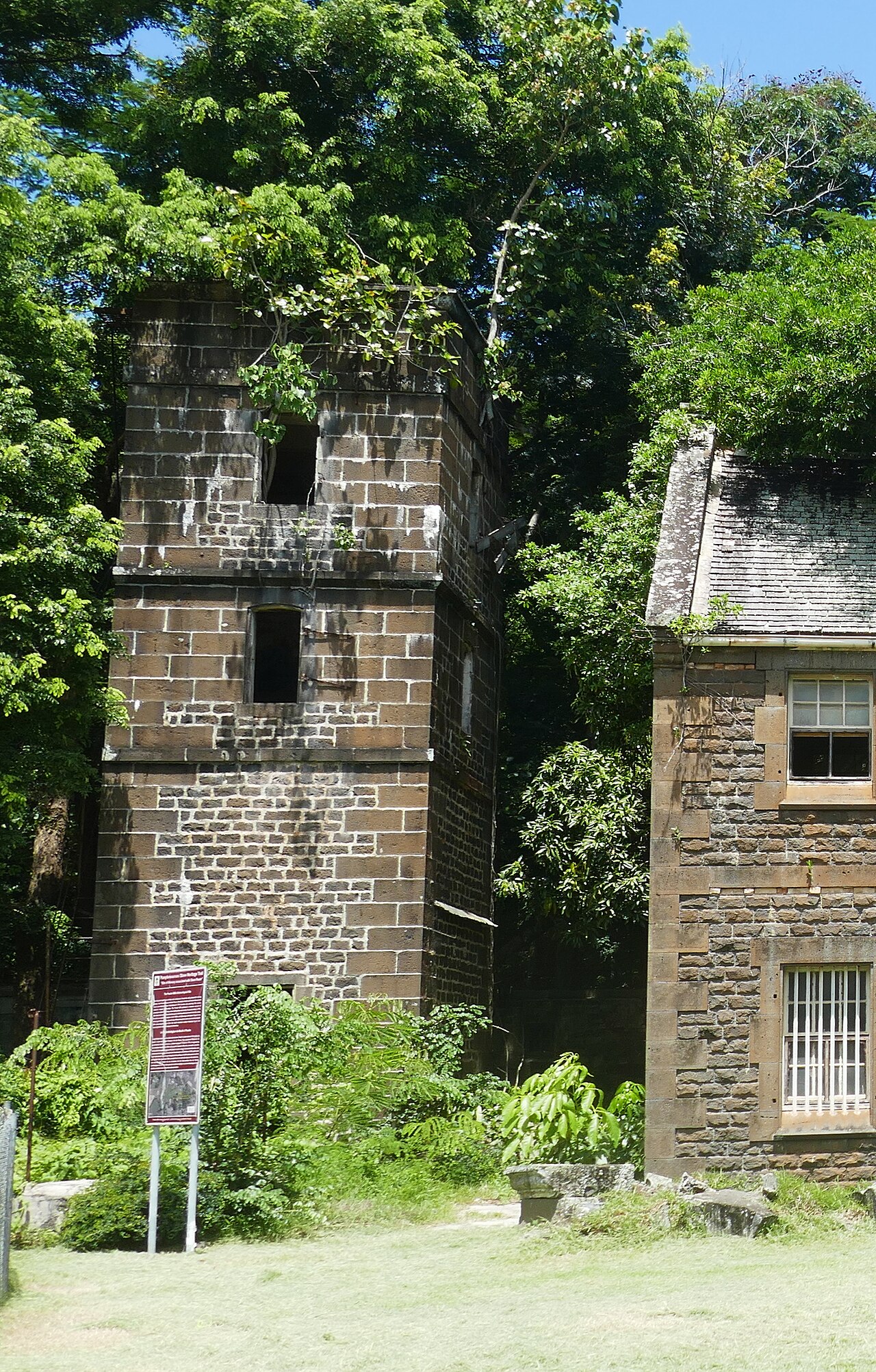 Old stone tower and building of the Old Powder Mill at Pamplemousses, Mauritius