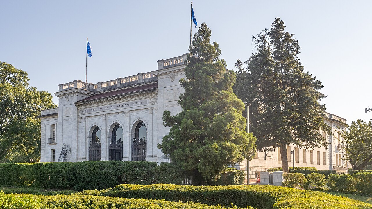 The white marble headquarters of the Organization of American States in Washington, with its name carved above three arched doors