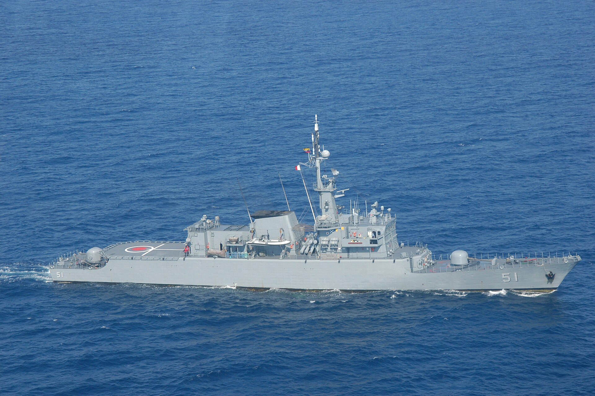 The grey Colombian Navy frigate ARC Almirante Padilla, hull number 51, under way on open blue sea