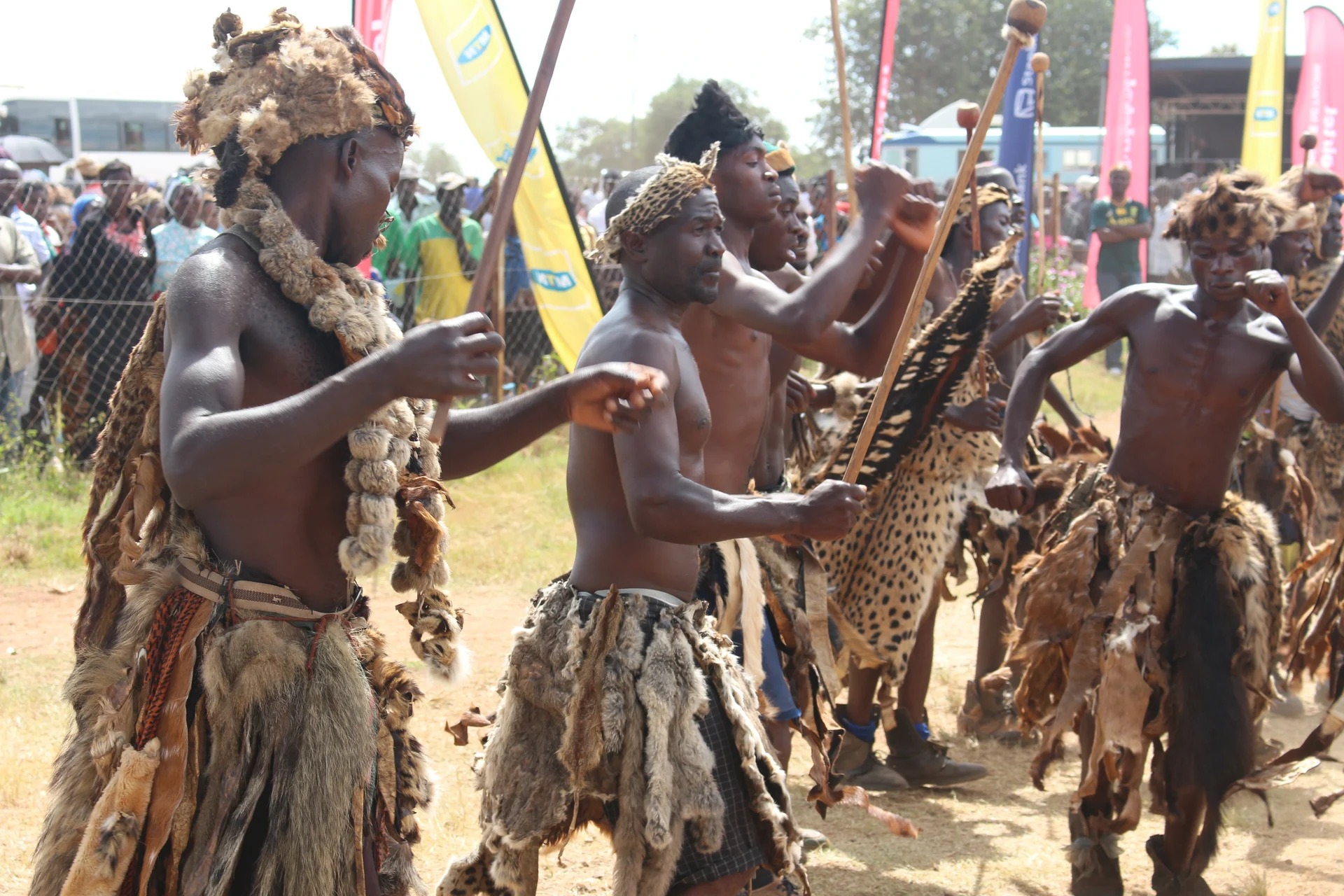 Men in animal-skin costumes and feathered headdresses dance in a line carrying staffs at the Ncwala ceremony in Zambia