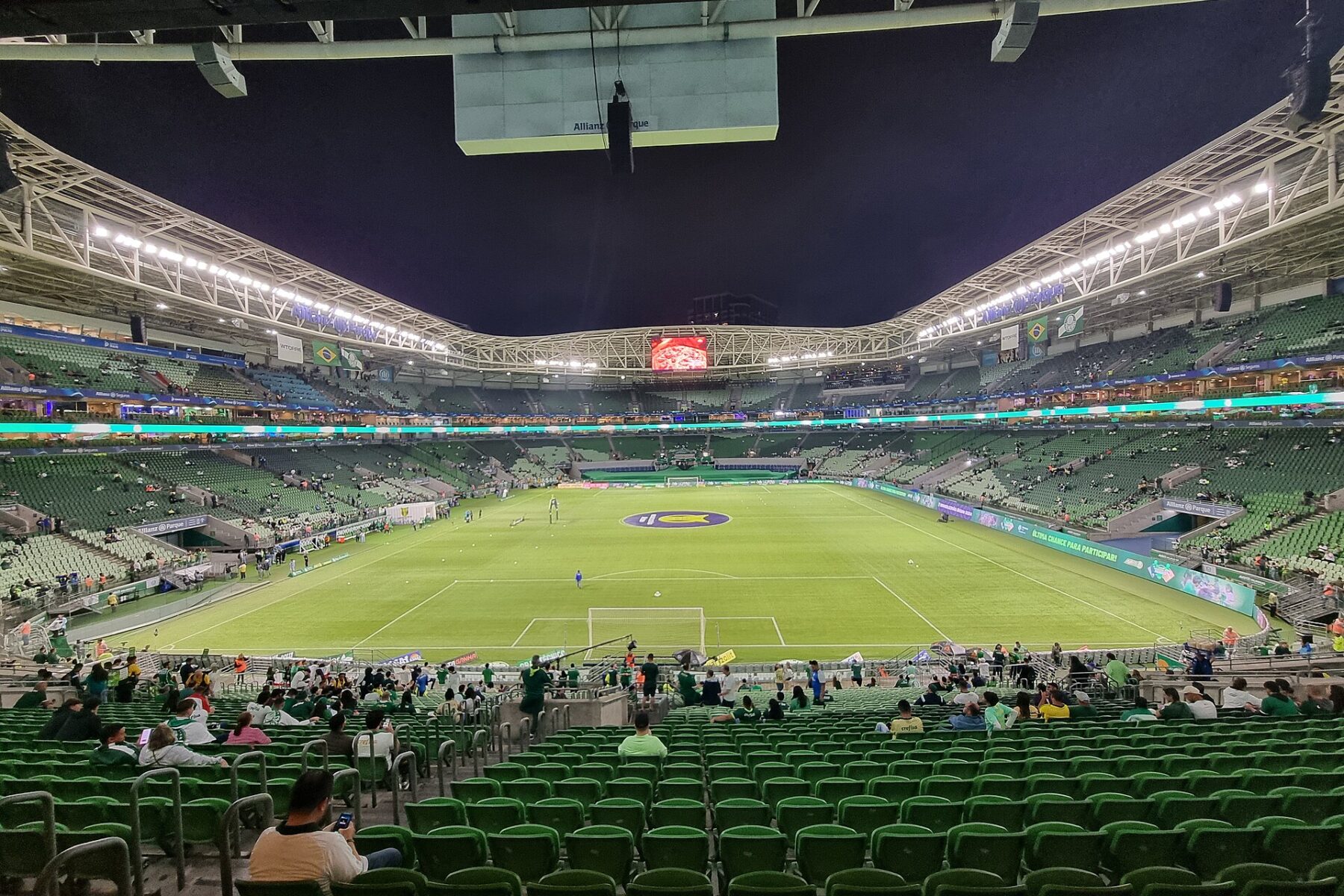 Floodlit stands and pitch inside Nubank Parque, the Palmeiras stadium in São Paulo, before a match