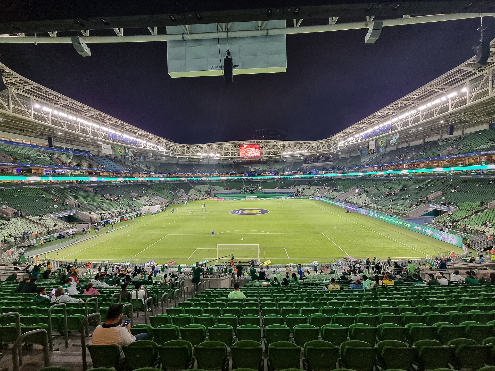 Floodlit stands and pitch inside Nubank Parque, the Palmeiras stadium in São Paulo, before a match