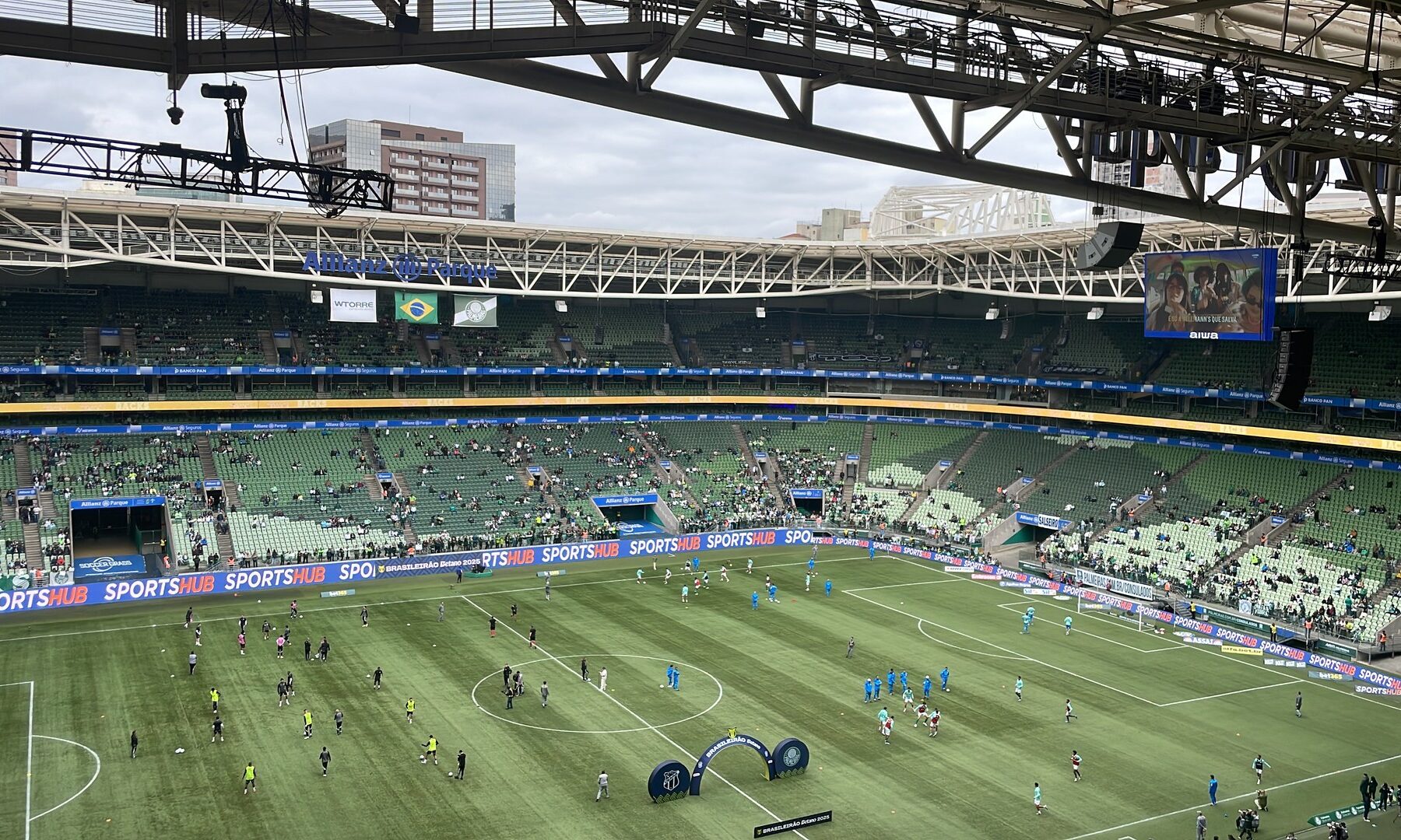 Inside Nubank Parque in São Paulo as players warm up before a Palmeiras league match
