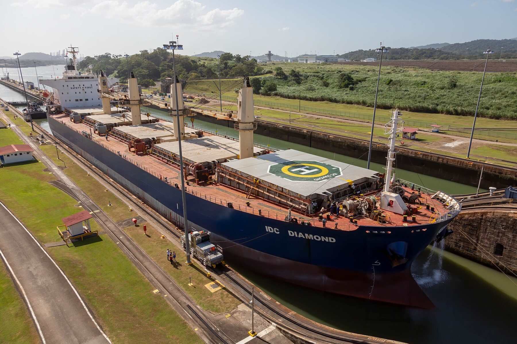 A bulk carrier passes through the Miraflores Locks of the Panama Canal