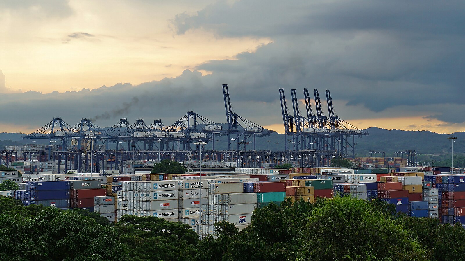 Quay cranes and stacked containers at the Port of Balboa, Panama, at the Pacific end of the canal