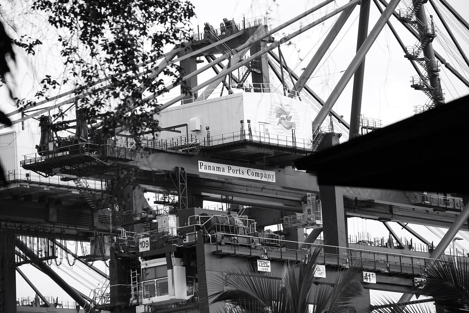A container quay crane marked Panama Ports Company at a Panamanian terminal