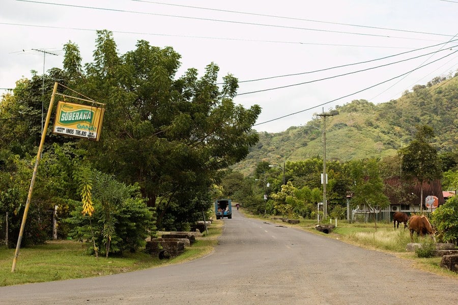 A paved road through the village of Cambutal in Tonosí district, Los Santos province, Panama, with green hills and grazing horses