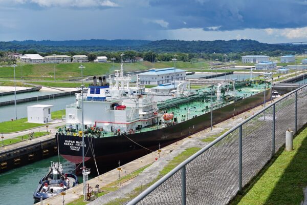 Panama continent role: a tanker in the Agua Clara Locks of the Panama Canal