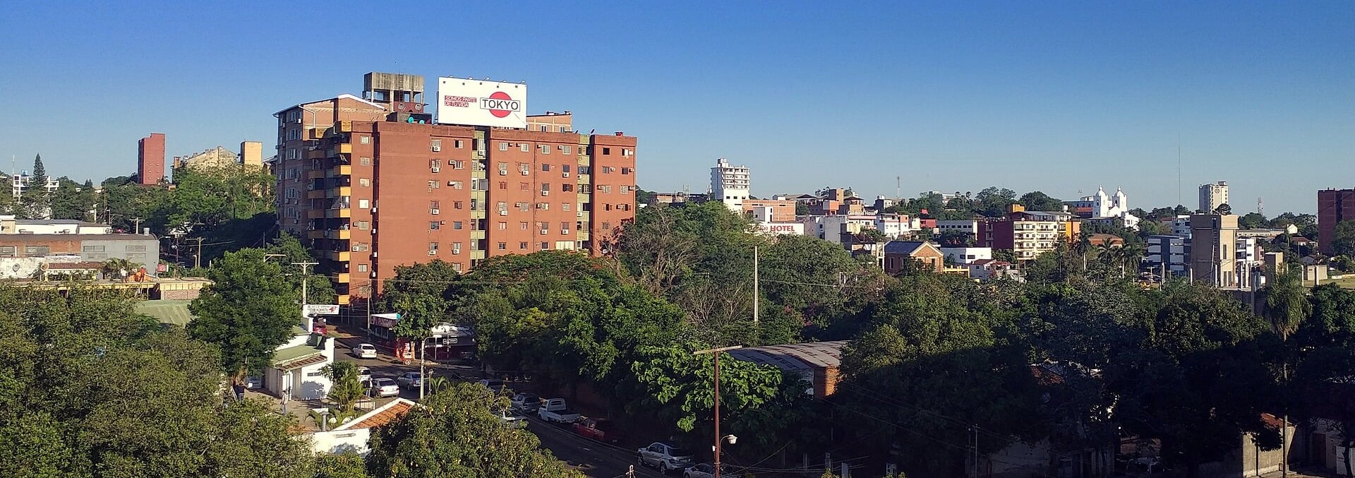 Rooftops and apartment blocks in downtown Encarnación, capital of Itapúa department, Paraguay
