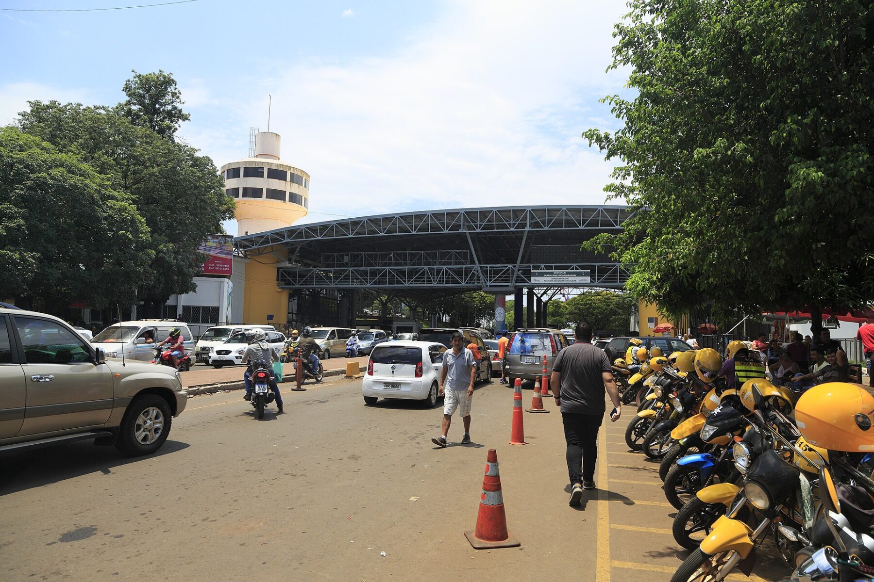 Paraguay in Latin America: traffic at the Ciudad del Este border post before the Friendship Bridge to Brazil