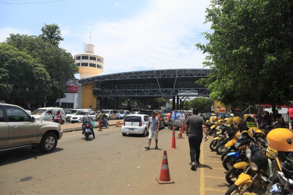 Paraguay in Latin America: traffic at the Ciudad del Este border post before the Friendship Bridge to Brazil