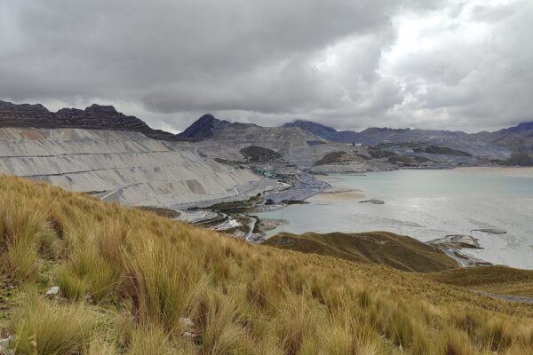 Open pits, waste terraces and tailings lake at the Antamina copper and zinc mine in the Peruvian Andes