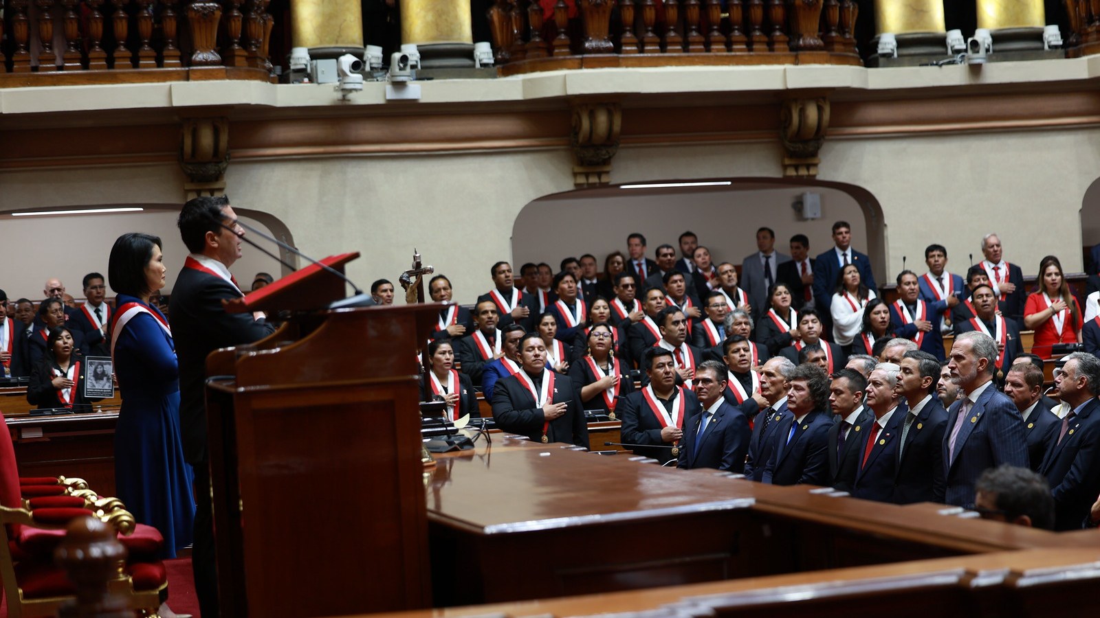 Peru President Keiko Fujimori, wearing the presidential sash, stands beside the rostrum in Congress in Lima during her inauguration on 28 July 2026