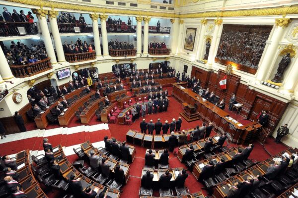 Wide view of the plenary hall of Peru's Congress in Lima from the gallery, with lawmakers in sashes standing at curved wooden benches around a red carpet