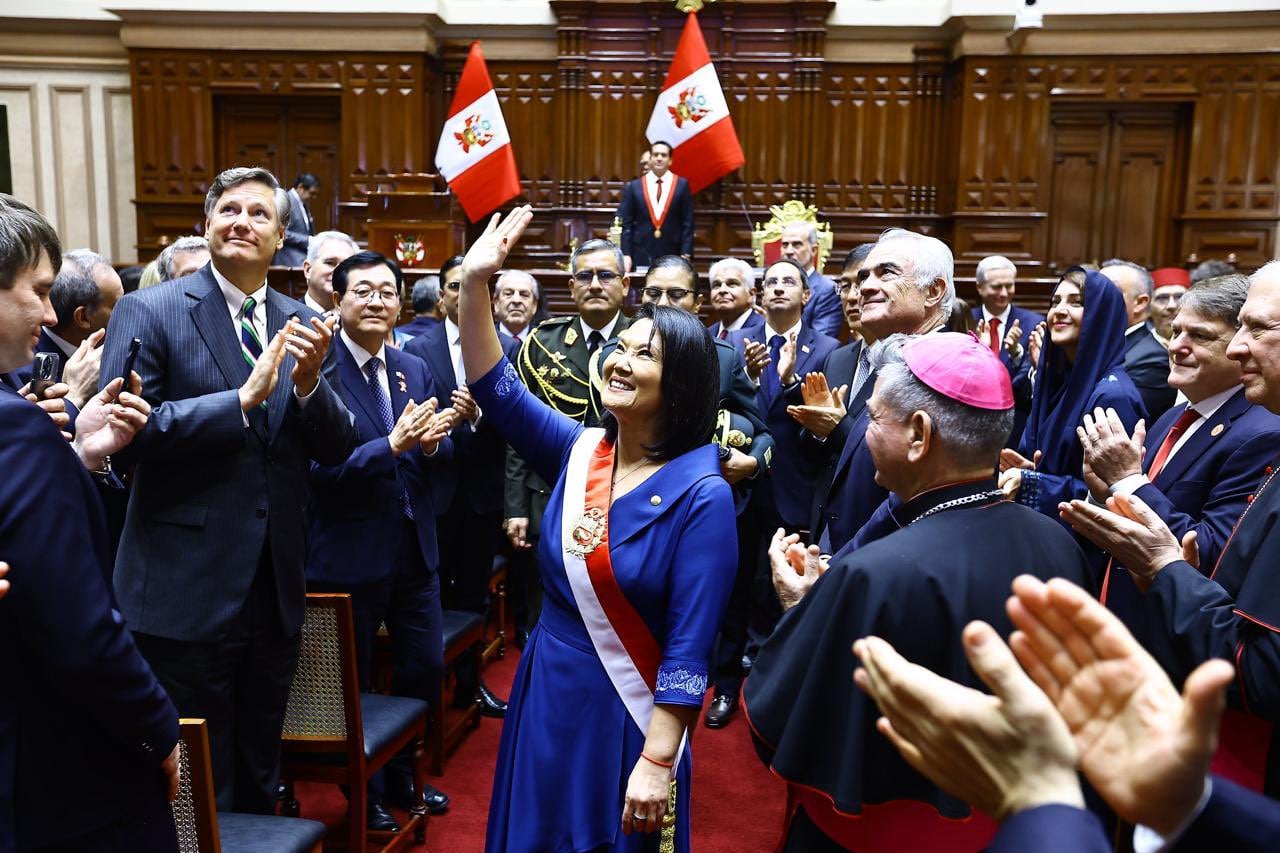 President Keiko Fujimori waves during her inauguration ceremony in Congress in Lima on 28 July 2026
