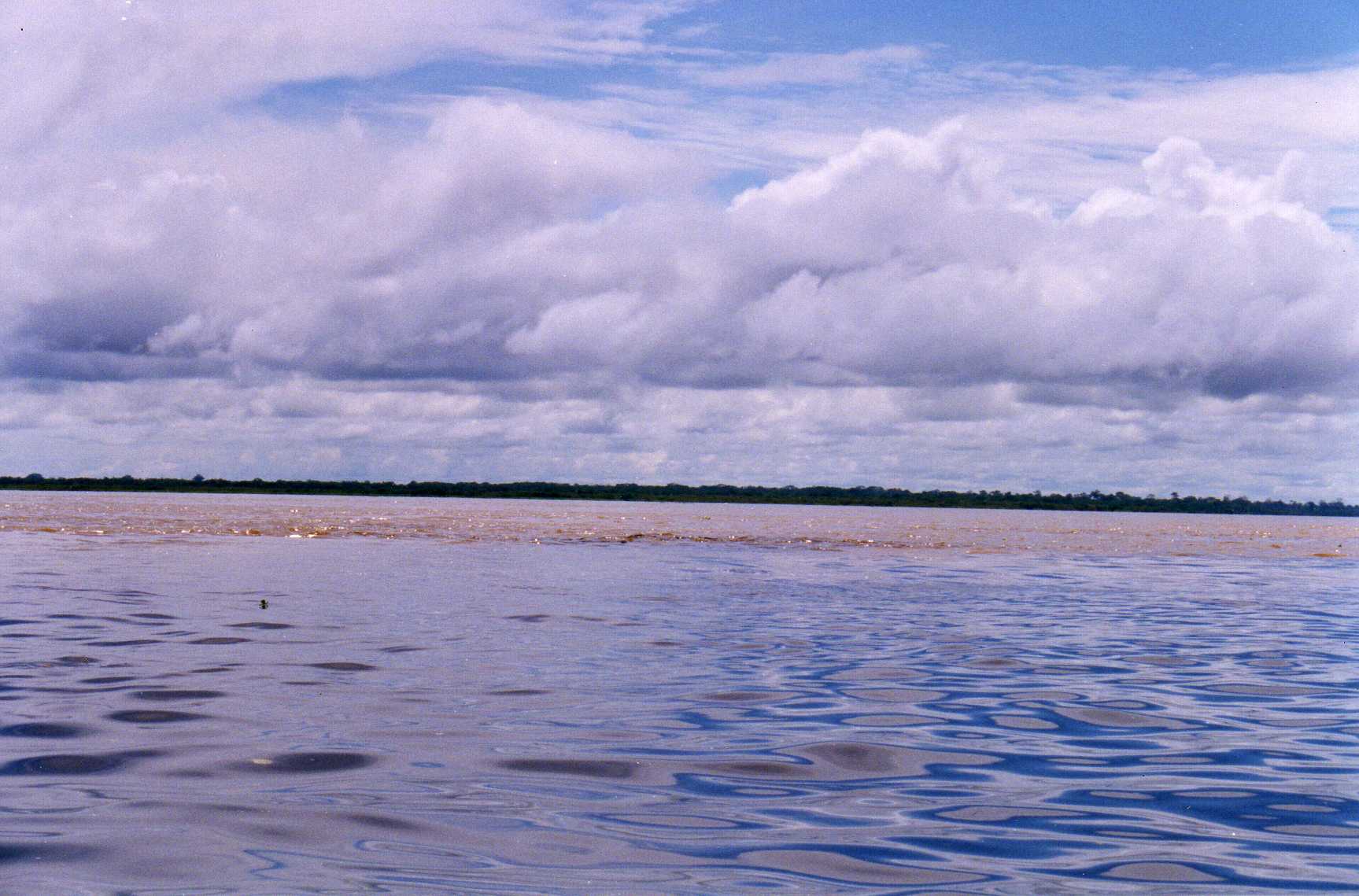 The dark water of the Nanay River meeting the lighter Amazon River near Iquitos, Peru