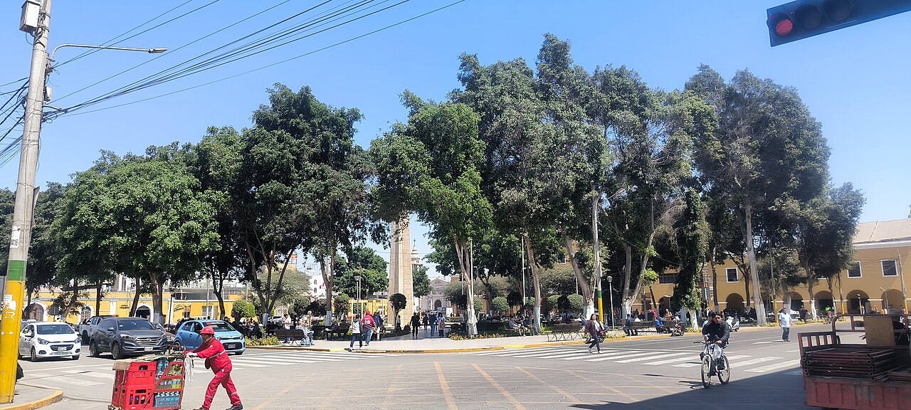 Plaza de Armas in Ica, Peru, with an obelisk, tall trees and yellow colonial buildings under a blue sky