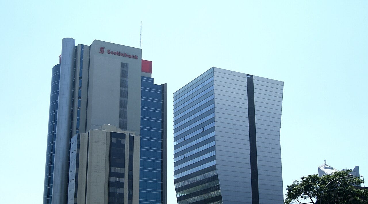 Office towers of banks and companies in Lima, Peru, under a clear sky
