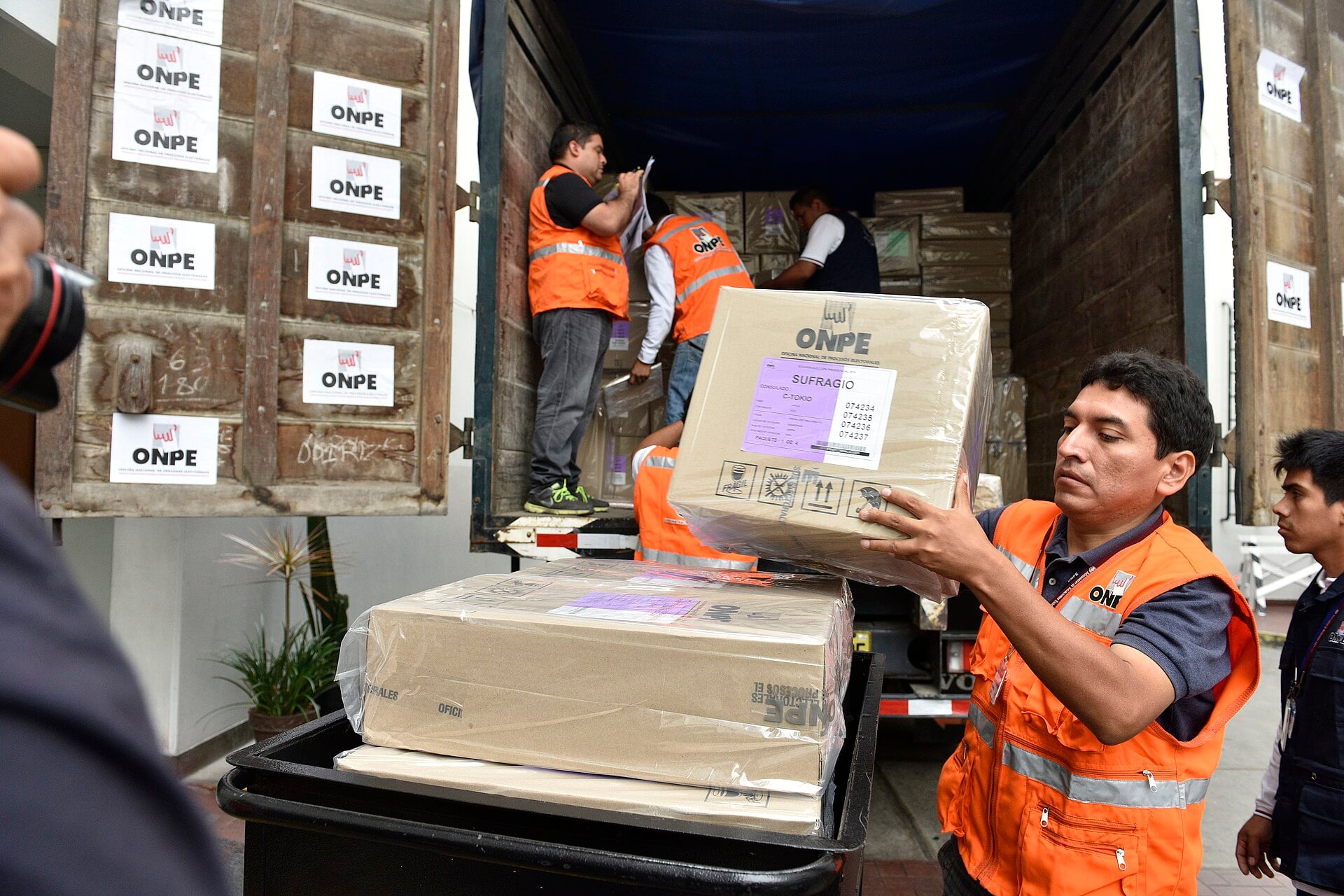 Electoral Office staff load boxes of election material onto a truck at the Foreign Ministry in Lima, Peru (file photo)