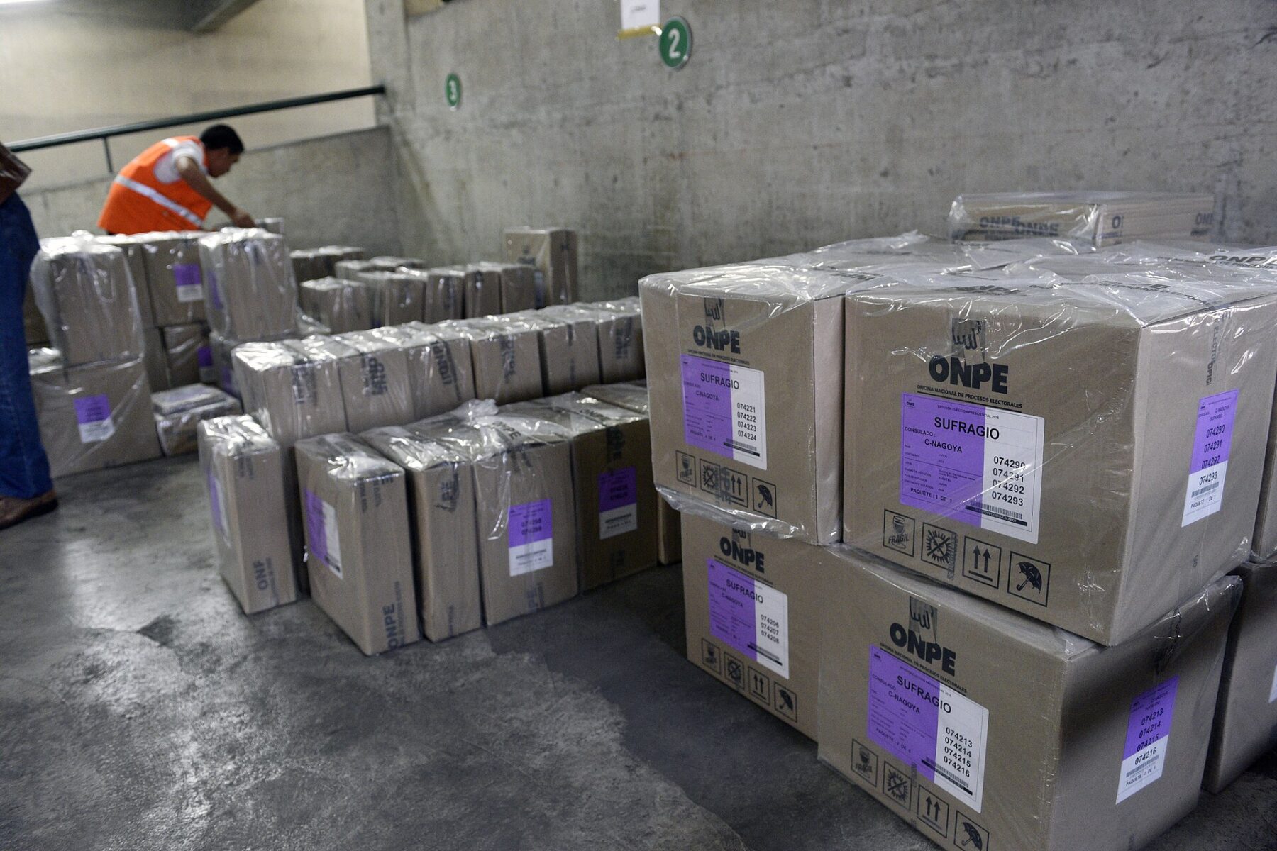 Boxes of ONPE election material marked for voting abroad stacked in a storeroom in Lima, Peru (file photo)