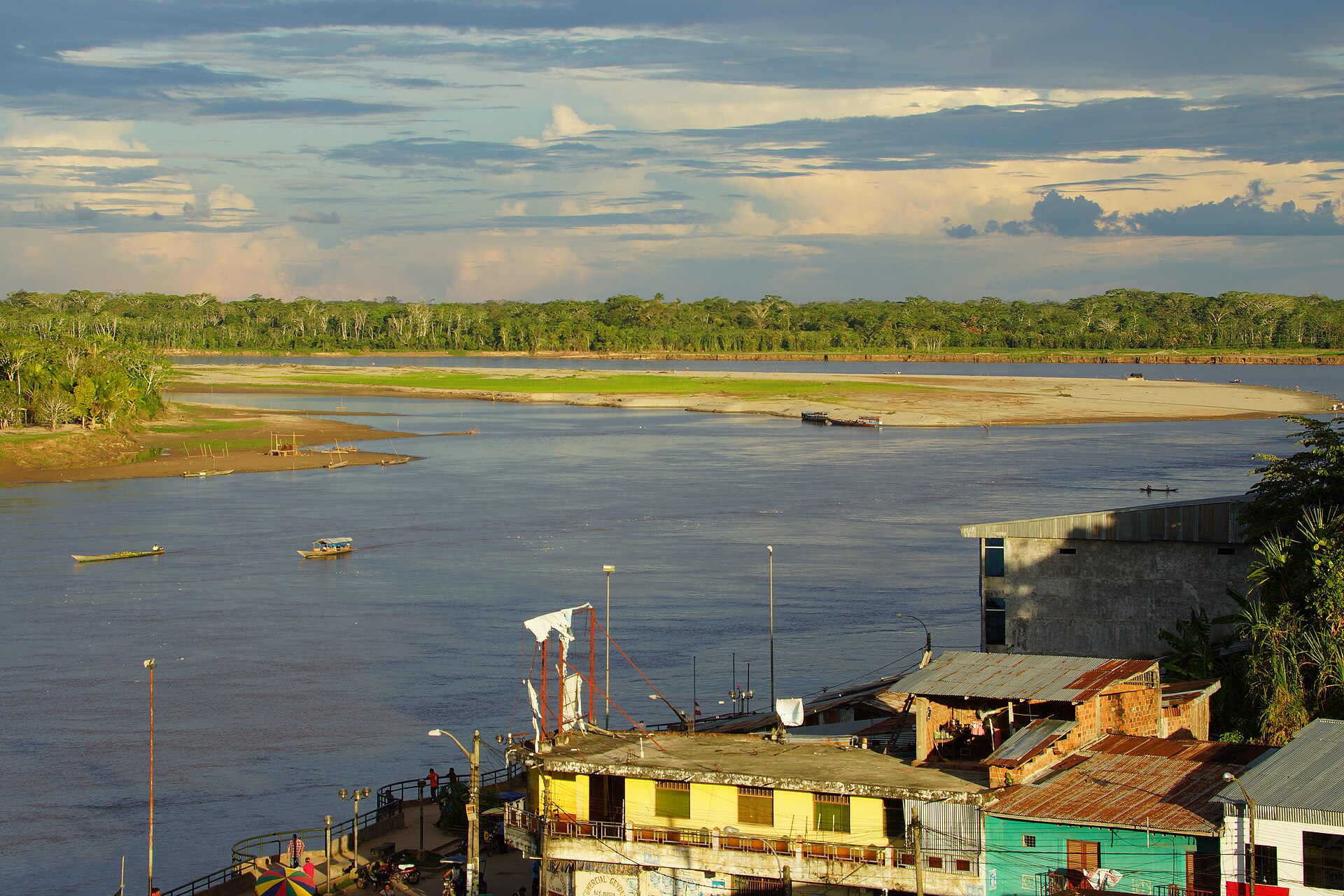 The Huallaga River at Yurimaguas, capital of Alto Amazonas province in Loreto, with riverboats and rainforest